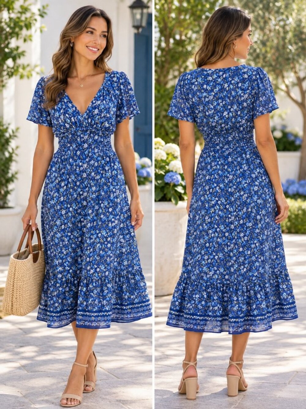 Max Studio Blue Floral Smocked Waist Midi Dress Size M